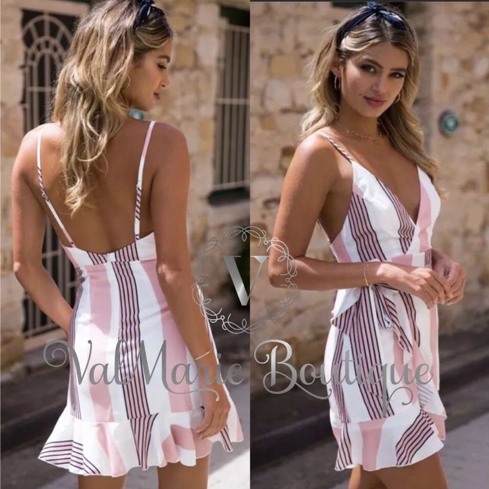 LAST 1!Pink & White Stripes Sexy Summer Mini Dress - Picture 2 of 6